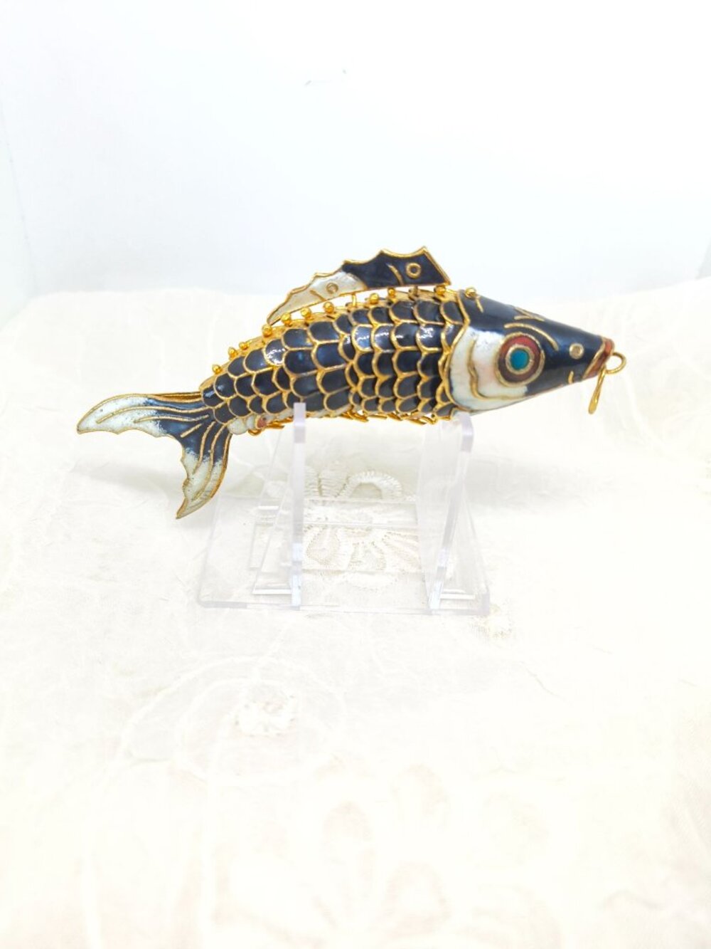 VTG Chinese Gilt Silver & Cloisonne Deep Blue Enamel Fish/Koi Pendant 4.5" LRG - Picture 11 of 11